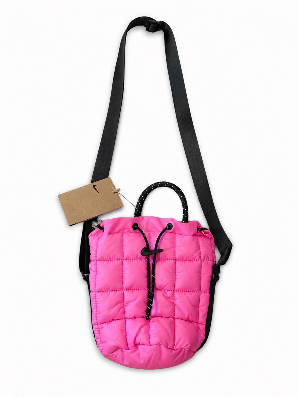 Nike Hot Pink Quilted Crossbody Drawstring Bag with Black Strap